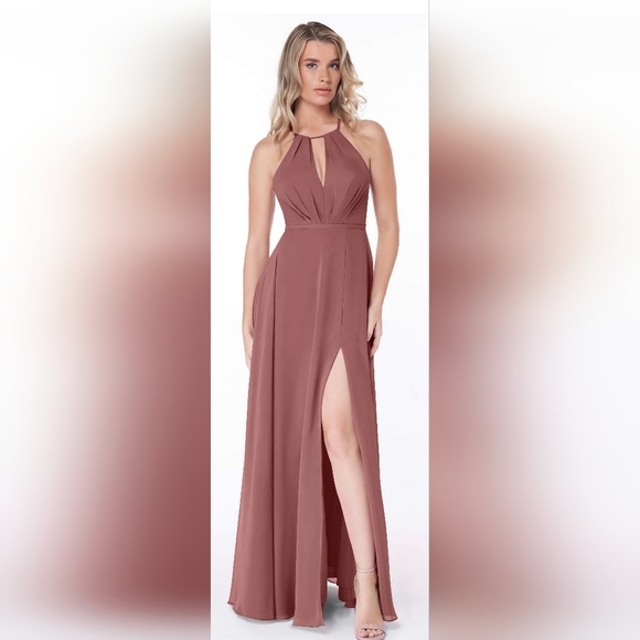 Azazie Pink A-line Maxi Dress with V-neck Slit - Picture 1 of 8